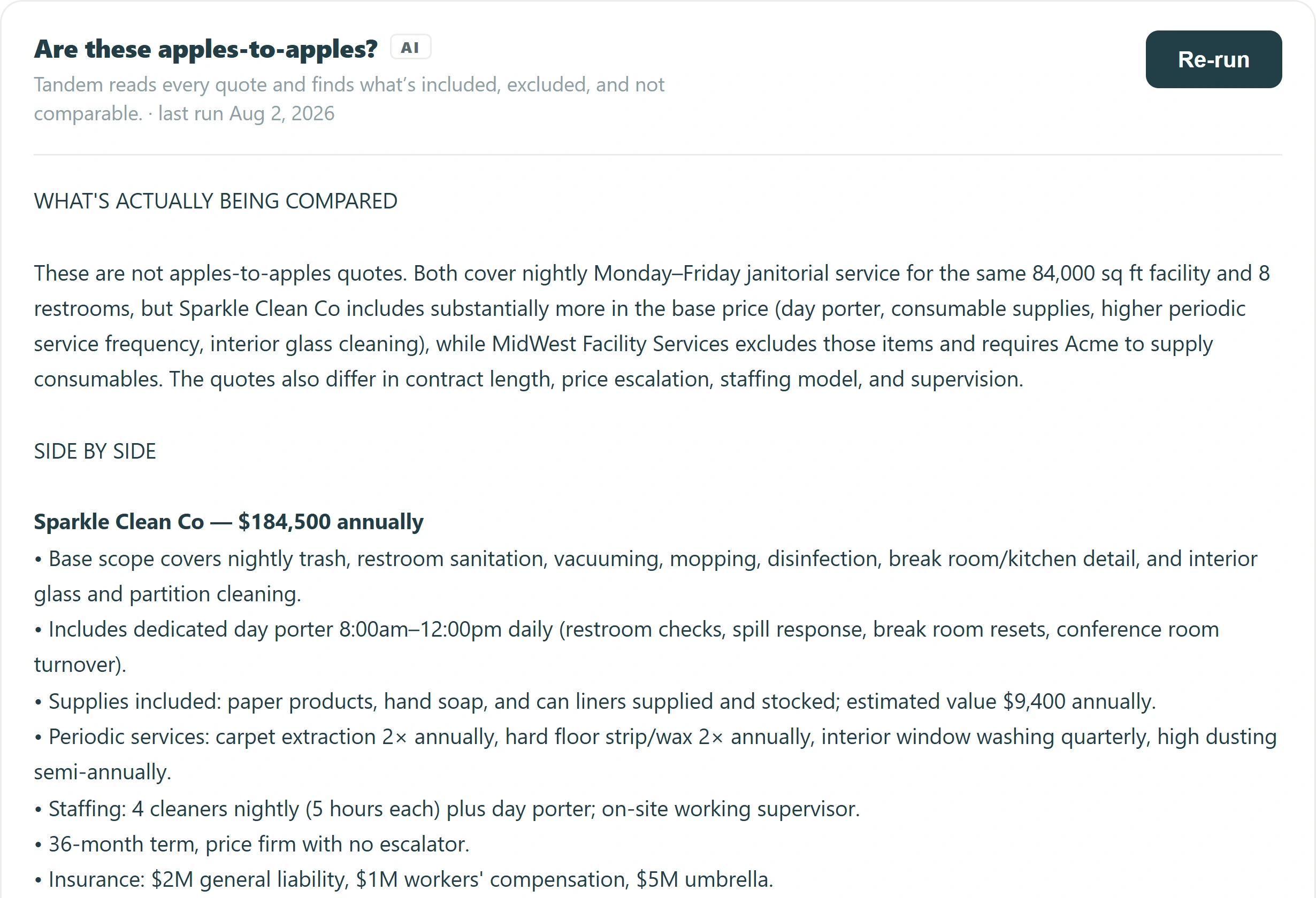 Tandem's quote comparison, showing what each supplier's price does and doesn't include