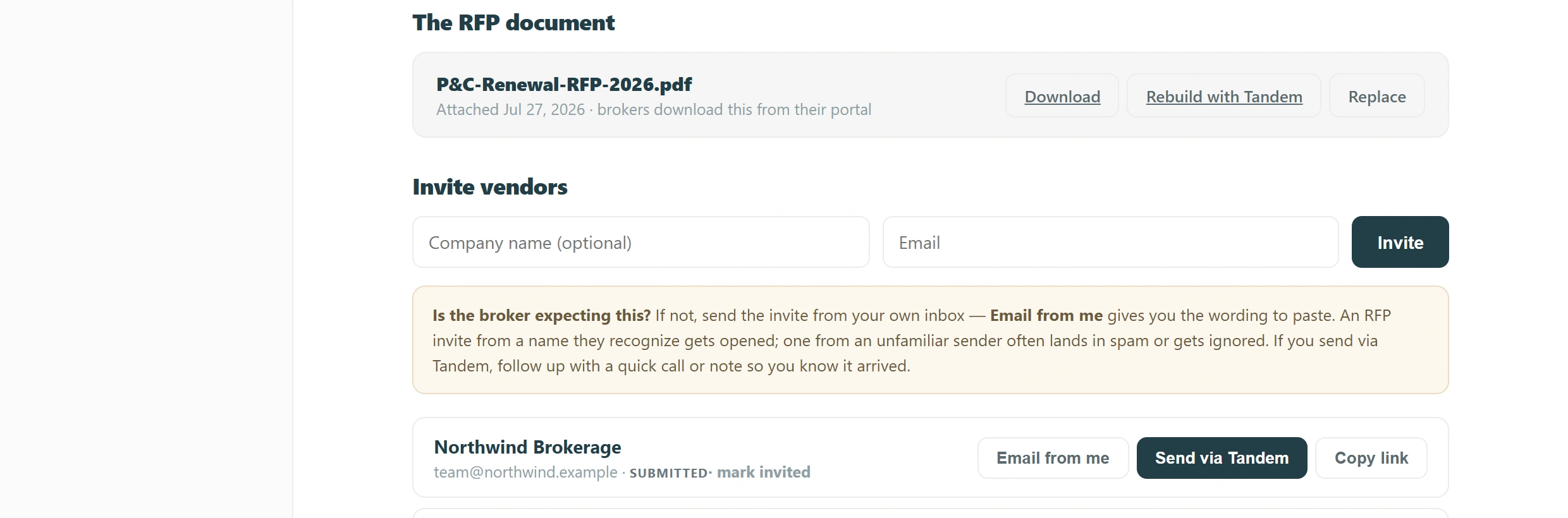 Inviting vendors by email or link, with each invitee's status and their own response portal